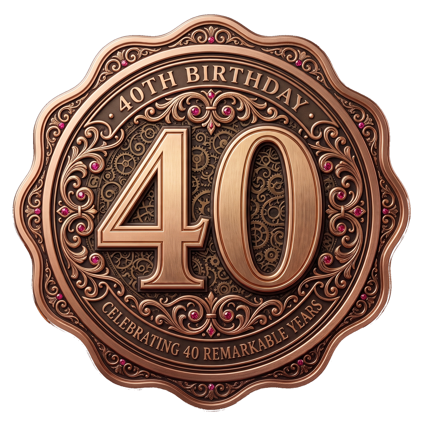 An ornate round bronze-toned medallion or plaque celebrating a 40th birthday, with large numerals '40', decorative scrollwork, engraved text reading '40TH BIRTHDAY' and 'CELEBRATING 40 REMARKABLE YEARS', and small pink gem accents on a white background.