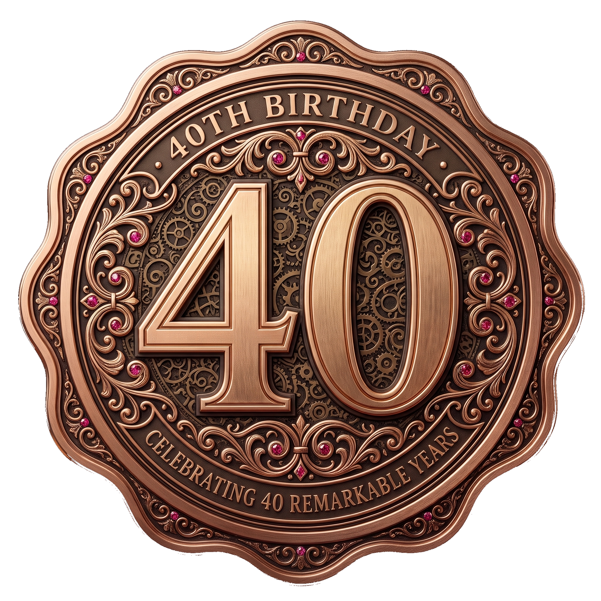 An ornate round bronze-toned medallion or plaque celebrating a 40th birthday, with large numerals '40', decorative scrollwork, engraved text reading '40TH BIRTHDAY' and 'CELEBRATING 40 REMARKABLE YEARS', and small pink gem accents on a white background.