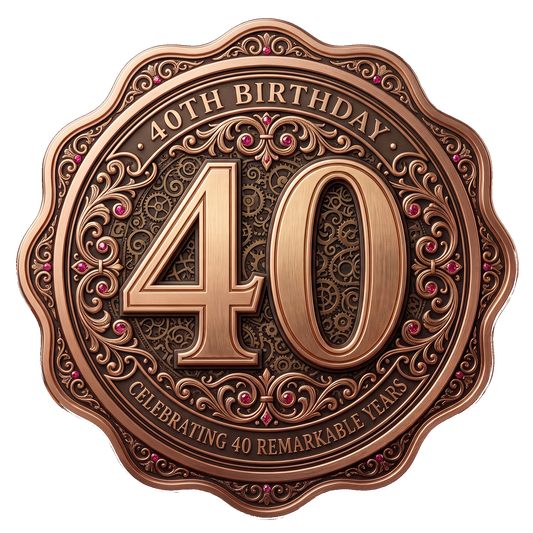 An ornate round bronze-toned medallion or plaque celebrating a 40th birthday, with large numerals '40', decorative scrollwork, engraved text reading '40TH BIRTHDAY' and 'CELEBRATING 40 REMARKABLE YEARS', and small pink gem accents on a white background.