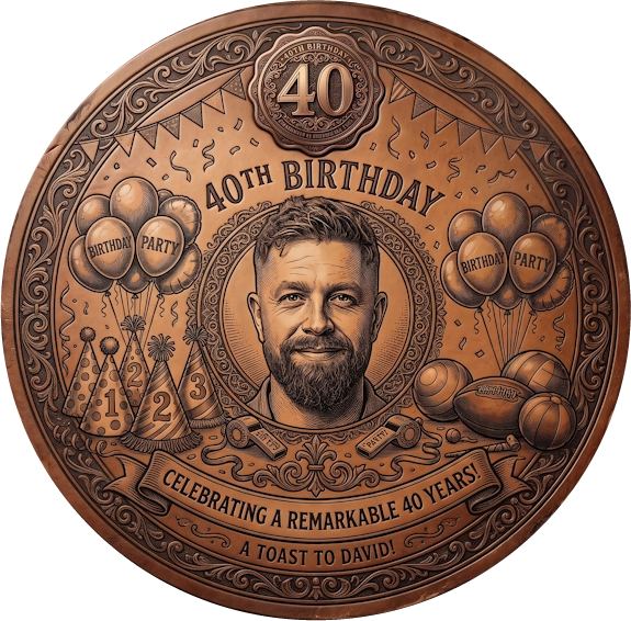A round bronze-toned commemorative plaque or medallion celebrating a 40th birthday, featuring an engraved portrait in the center, balloons, party hats, chocolates, and decorative border details. Text around the piece reads '40th Birthday' and 'Celebrating a remarkable 40 years! A toast to David!'.
