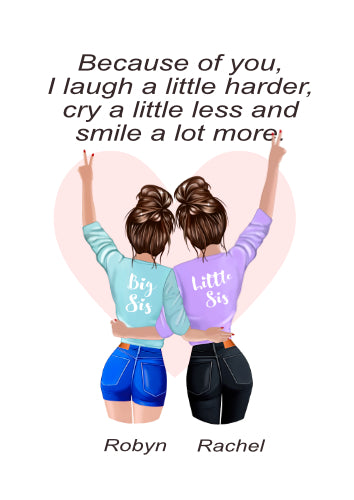 Two women with 'big sis' and 'little sis' shirts, back view, with a heart-shaped outline.