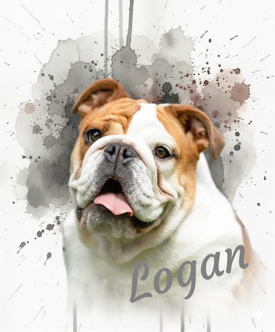 Bulldog with a watercolor background and name 'Logan'