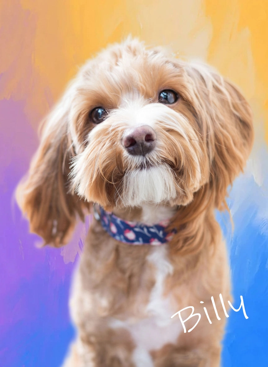 Image of dog on a colourful watercolour background wall art print
