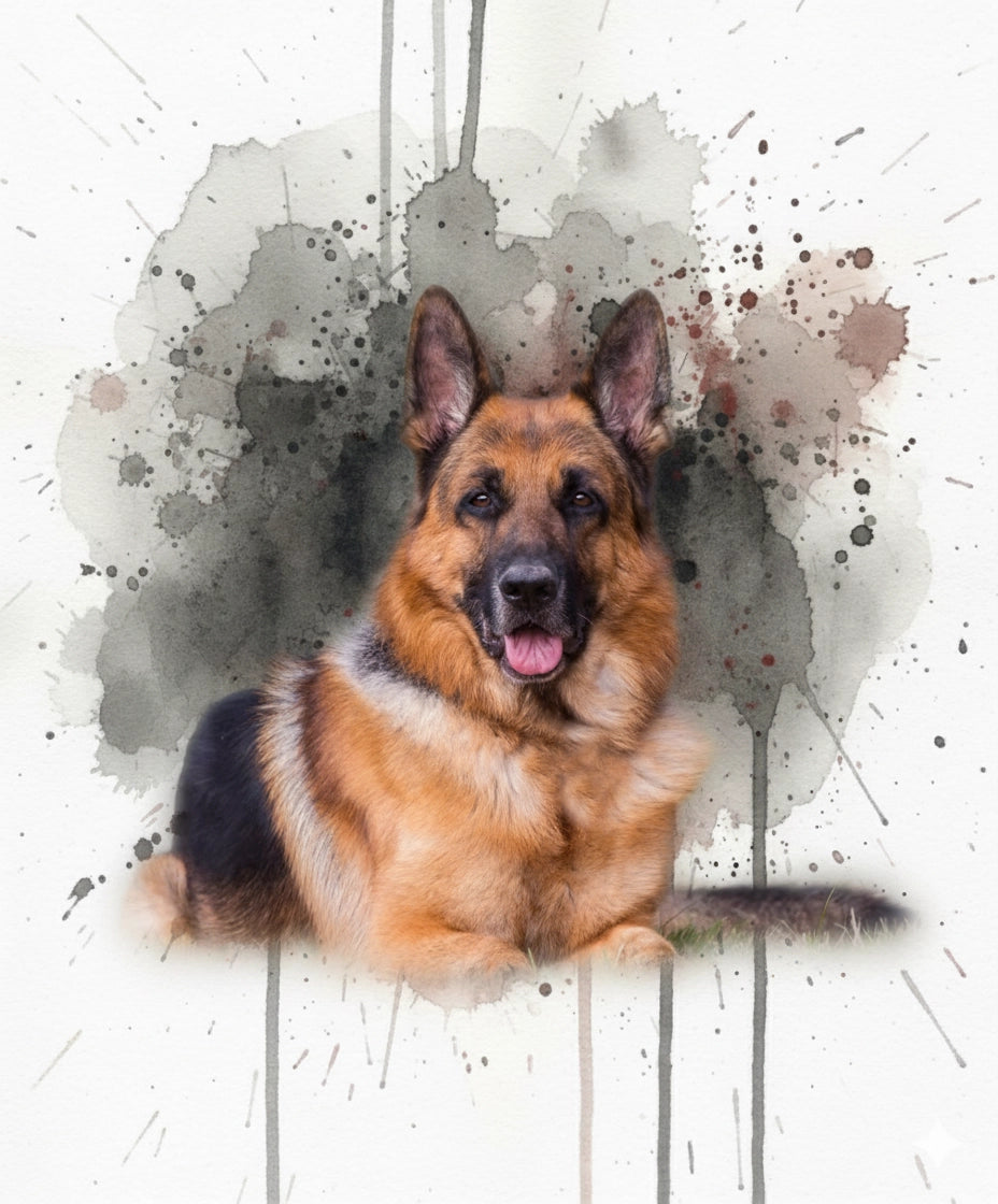 Portrait of dog overlaid on a watercolour background