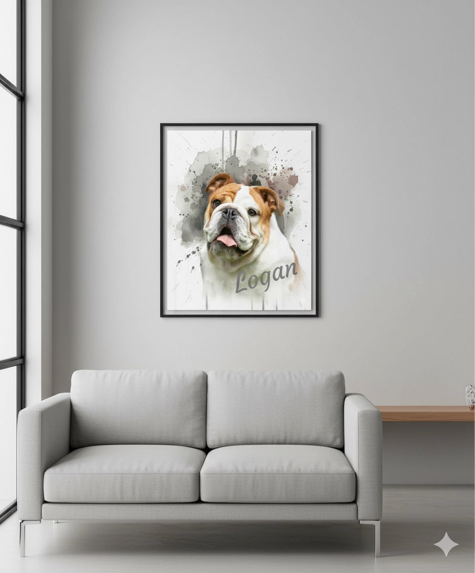 Framed artwork of a bulldog named Logan on a wall above a gray sofa.
