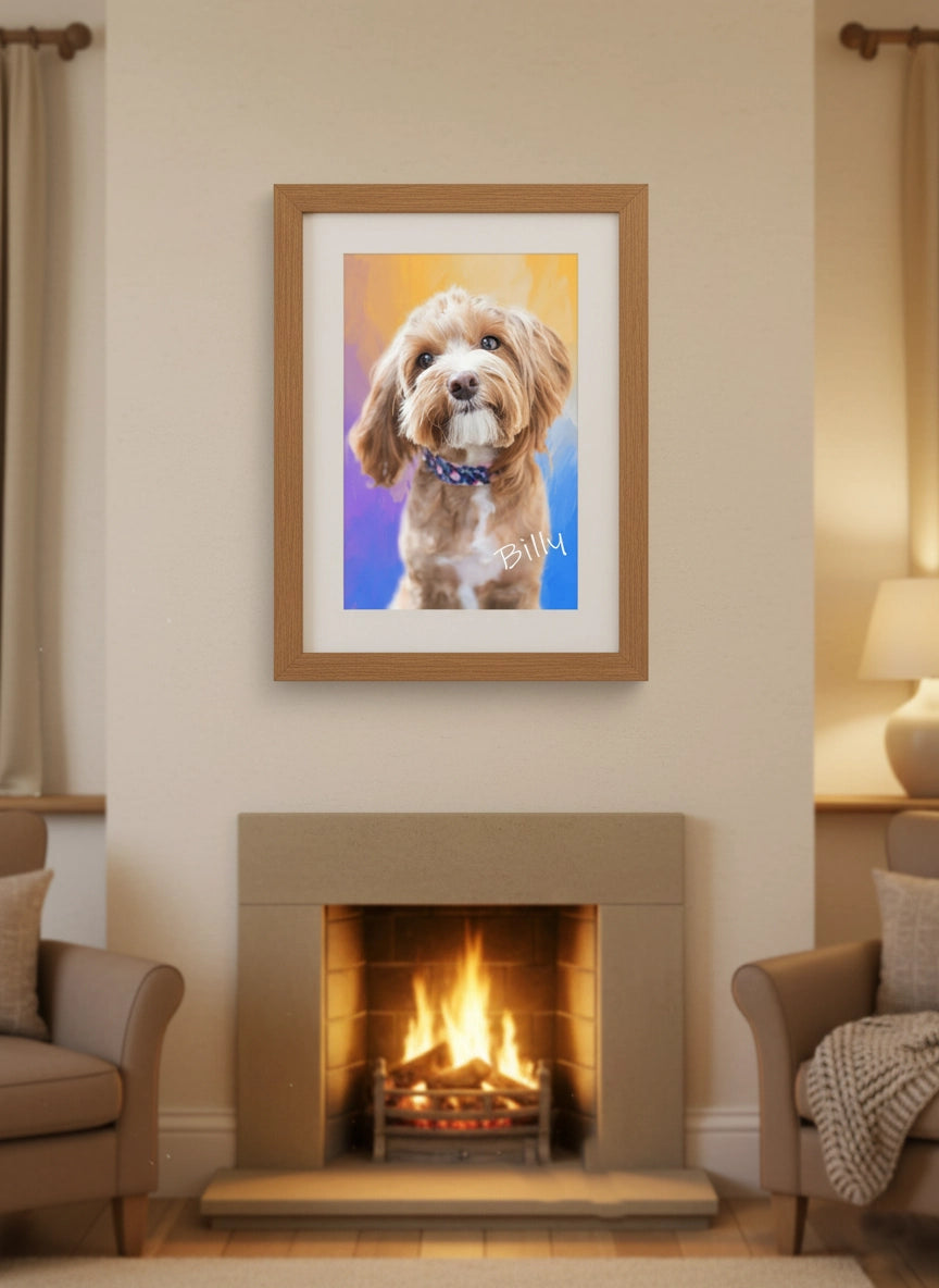 Image of a dog portrait in photo frame above a fireplace